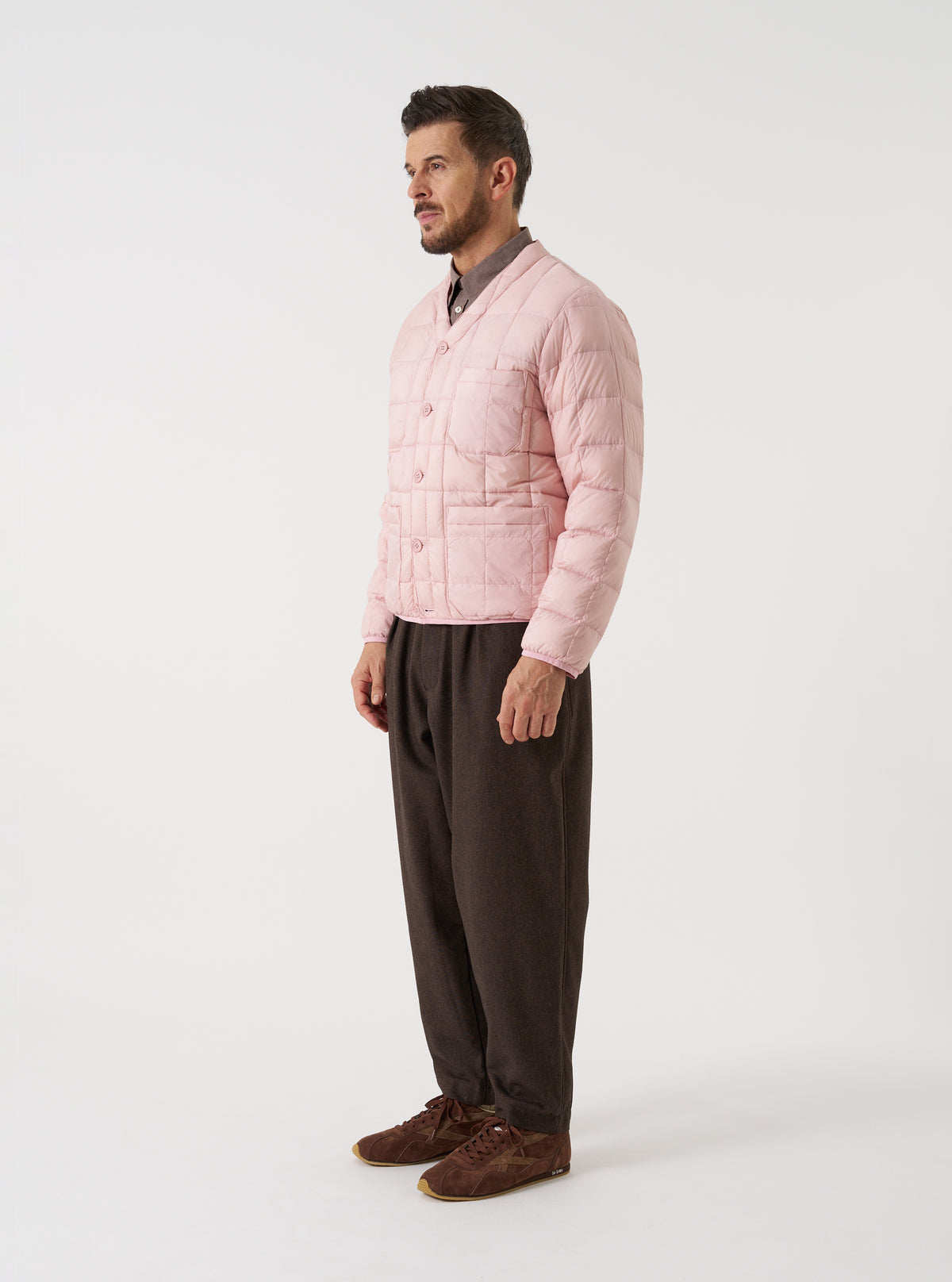 TAION x Universal Works Pink Nylon Soft Shell Down Cardigan