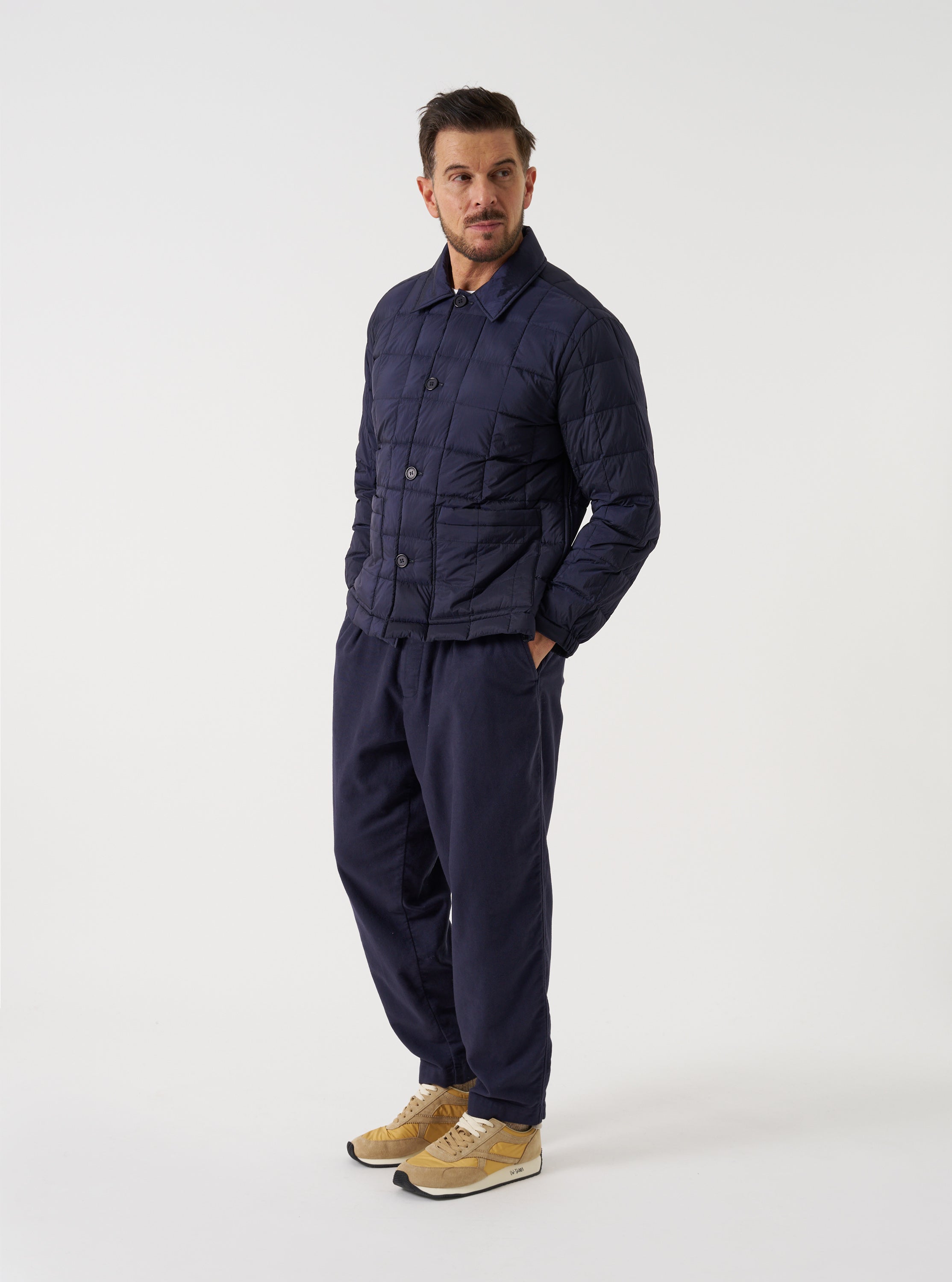 Men's Navy Nylon Soft Shell Down Rams Jacket – Universal Works