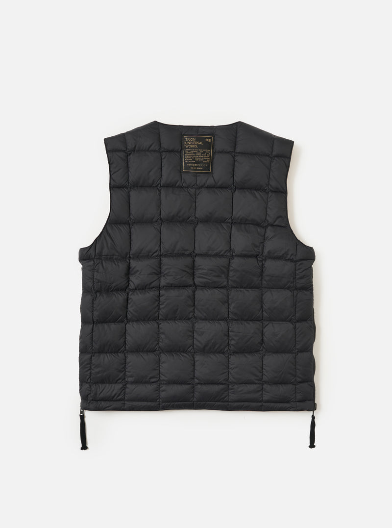 The TAION x Universal Works Reversible Black Military Line Vest is displayed on a white background. The vest is black, quilted, and sleeveless.
