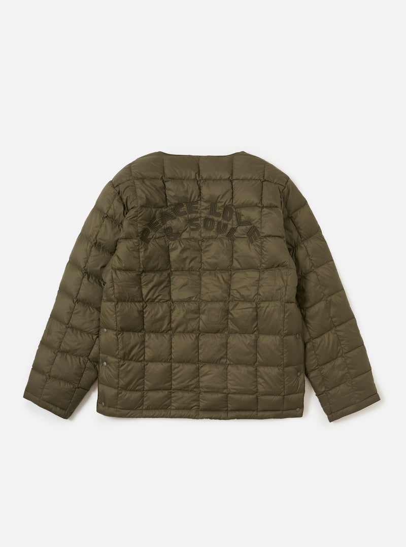 Back view of the TAION x Universal Works Reversible Dark Olive Military Line Liner Jacket on a white background. The jacket is quilted and has 'PEACE LOVE SOUL' embroidered on the back.