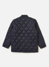 Close-up of the TAION x Universal Works Reversible Dark Navy Military Line Kyoto Work Jacket. Quilted texture, dark navy color. Shot against a white background.