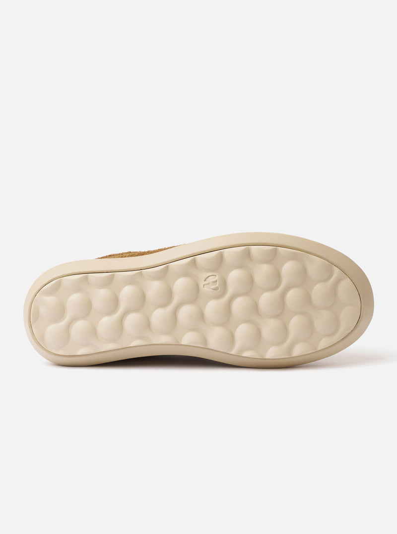 The Wander etc. FD/08 in Tobacco/Off White Suede/Leather is shown from a rear angle as a flat lay against a plain white background. The image highlights the tobacco-colored hairy suede upper, the off-white chunky phylon and rubber outsole, and the heel branding.
