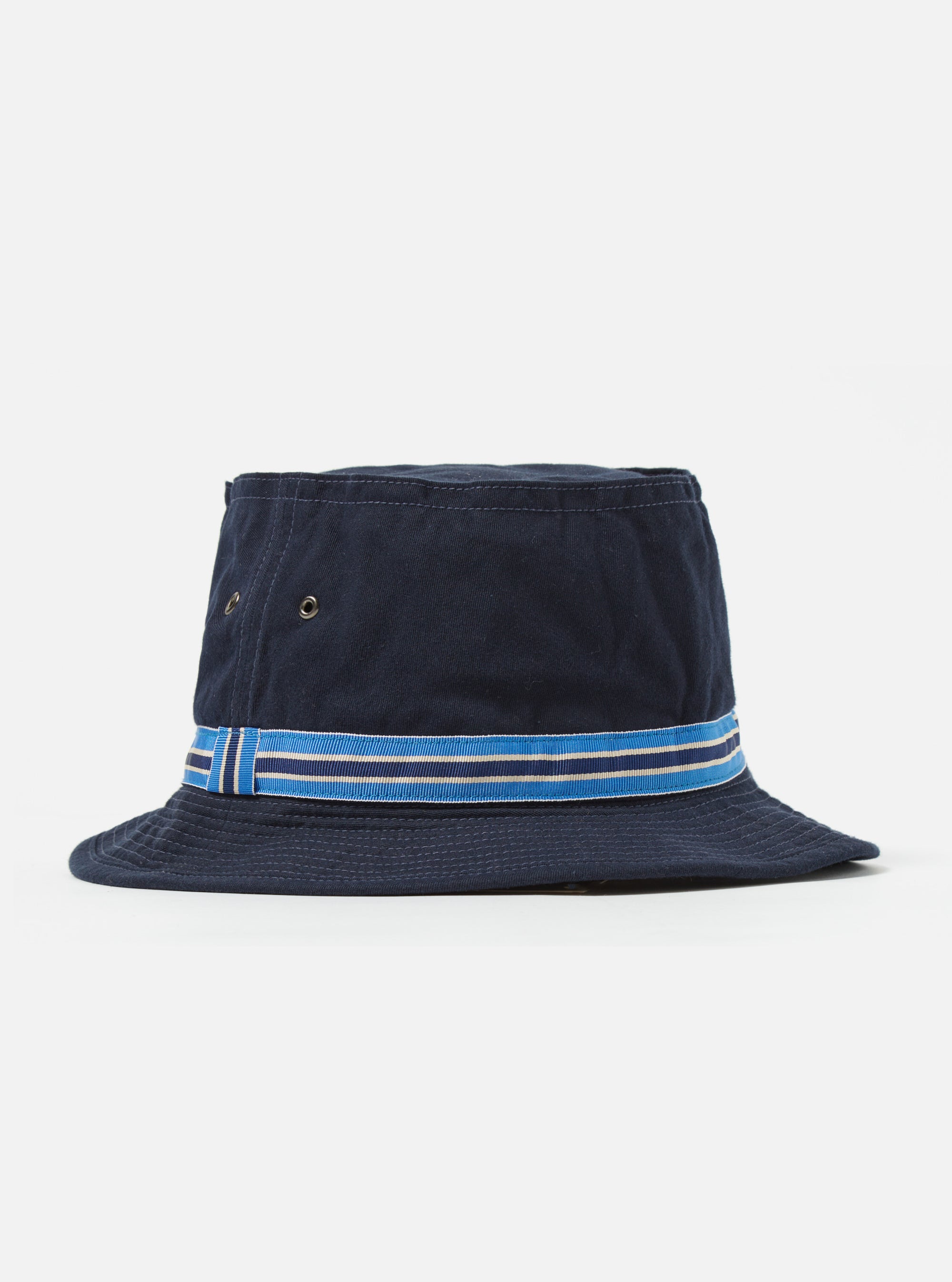 The cableami® Navy Chino Cotton Loose Light Pork Pie Hat on a white background. The navy hat has a blue and white striped band.