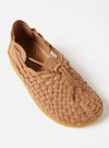 Studio shot of a Malibu Walnut/Tan Vegan Leather/Crepe Latigo shoe. The tan woven upper and crepe sole are displayed against a white background.