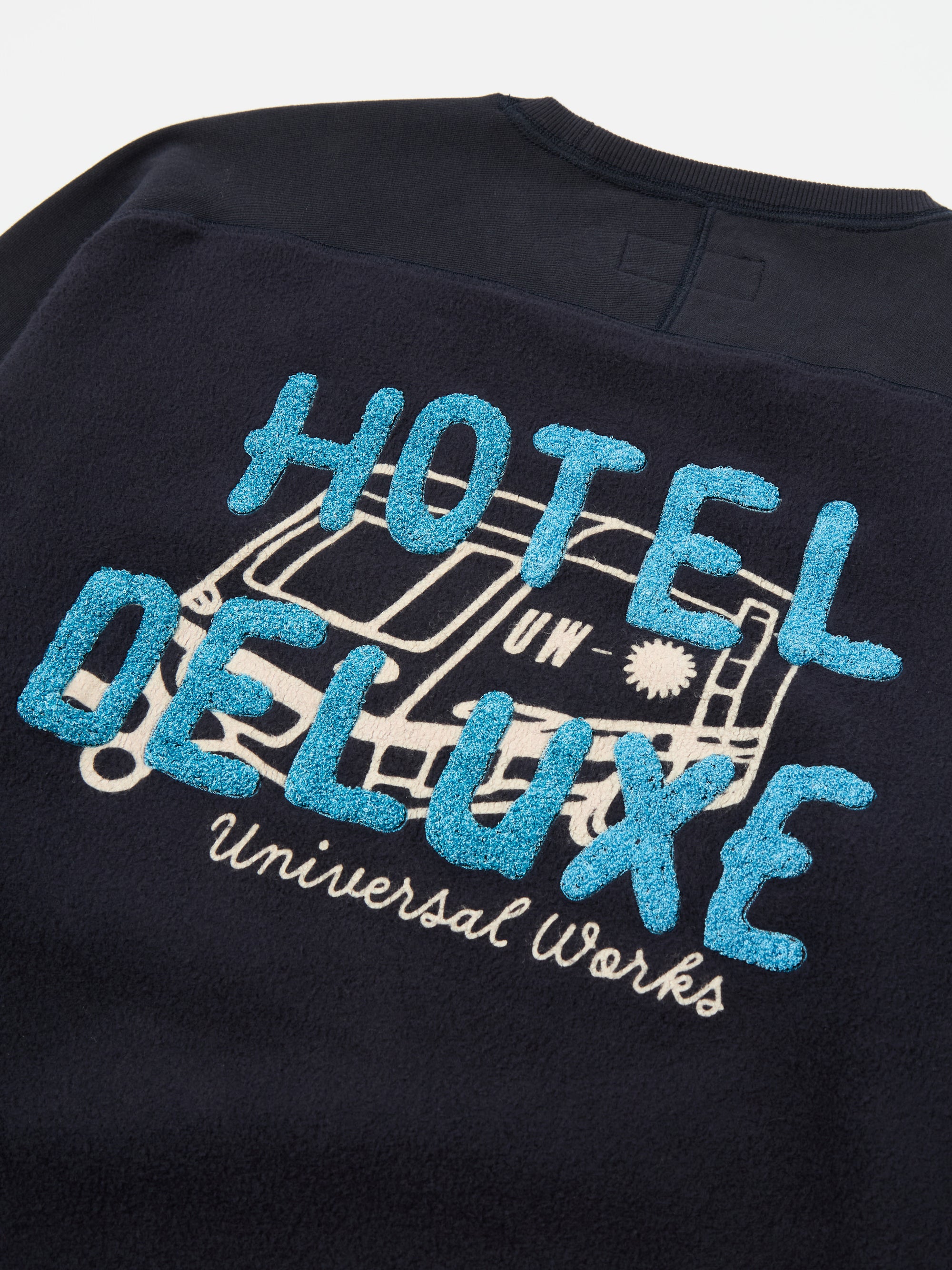 Navy Hotel Deluxe' Embroidered Brush Back Crew Sweat