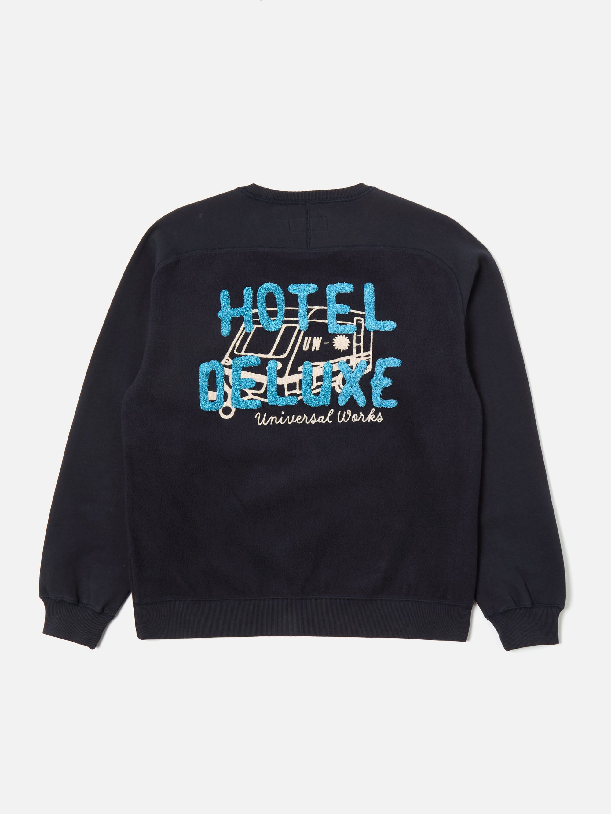 Navy Hotel Deluxe' Embroidered Brush Back Crew Sweat