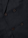 Close-up of the Navy Linen Slub Weave Manor Jacket showing the texture of the linen and the brown buttons.