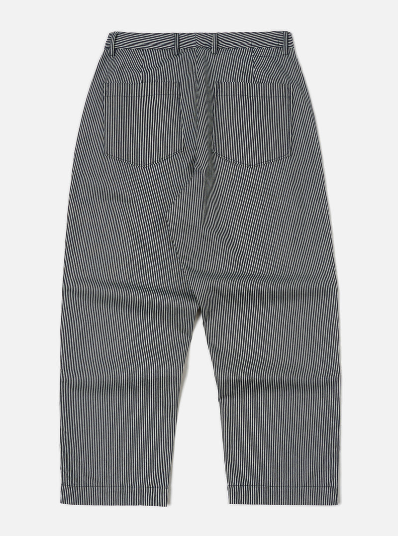 Back view of Indigo Hickory Stripe Denim Duke Pant on a white background. The denim pants have a relaxed fit with vertical stripes.