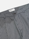 Close-up of the Indigo Hickory Stripe Denim Duke Pant. The denim is indigo with white stripes. The pants are on a white background.