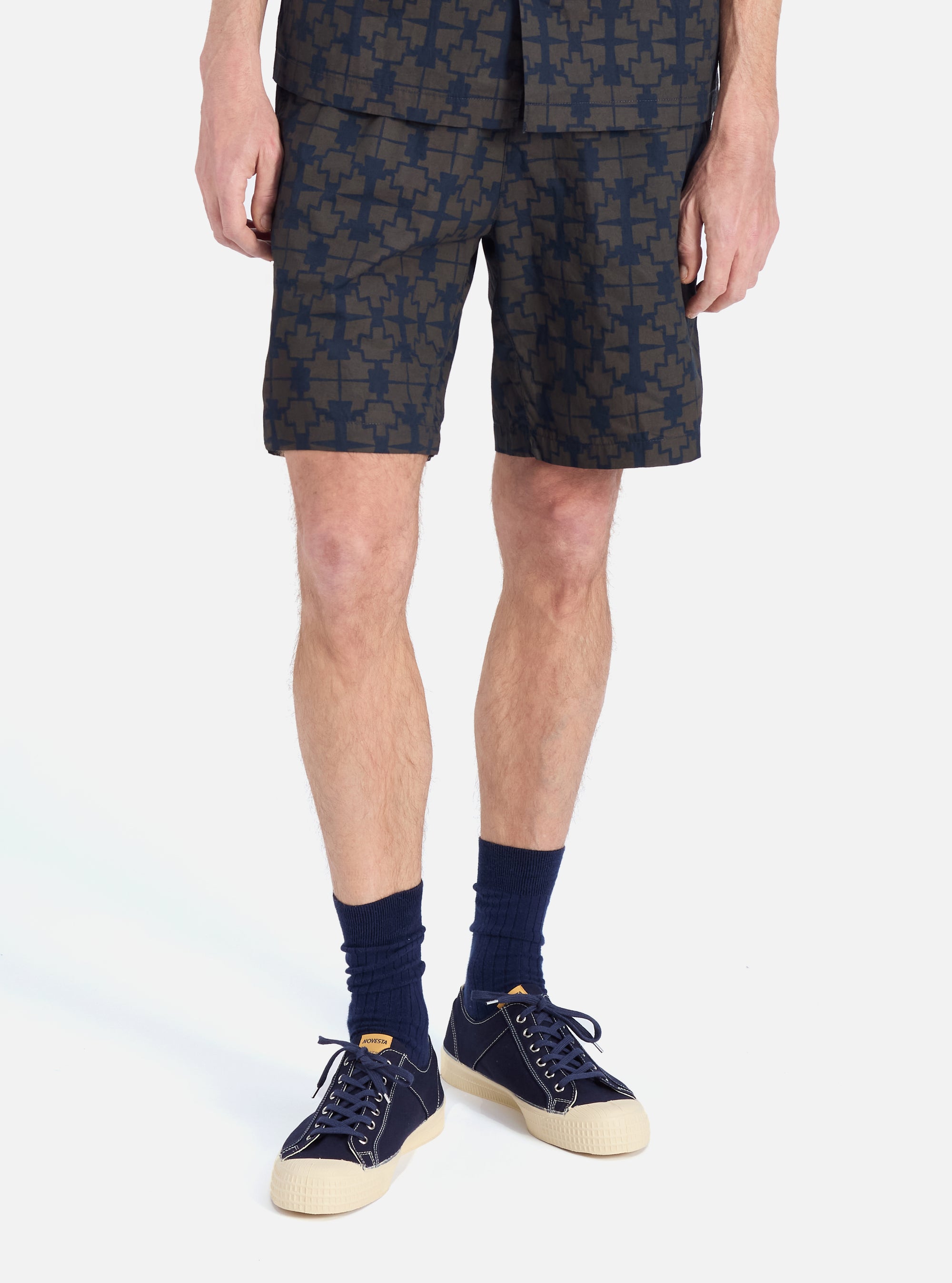 Navy Mitla Print Cotton Simple Short
