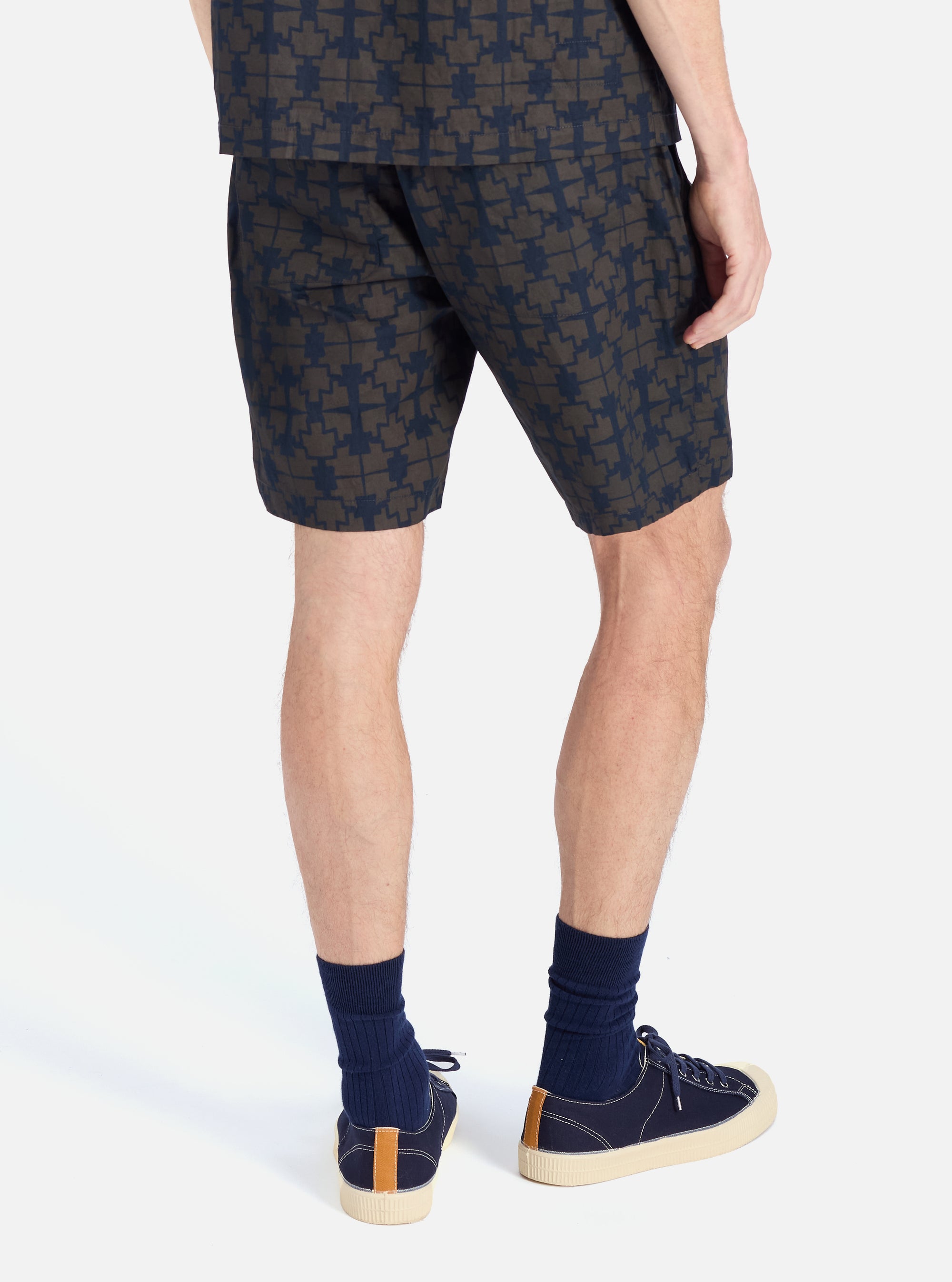 Navy Mitla Print Cotton Simple Short