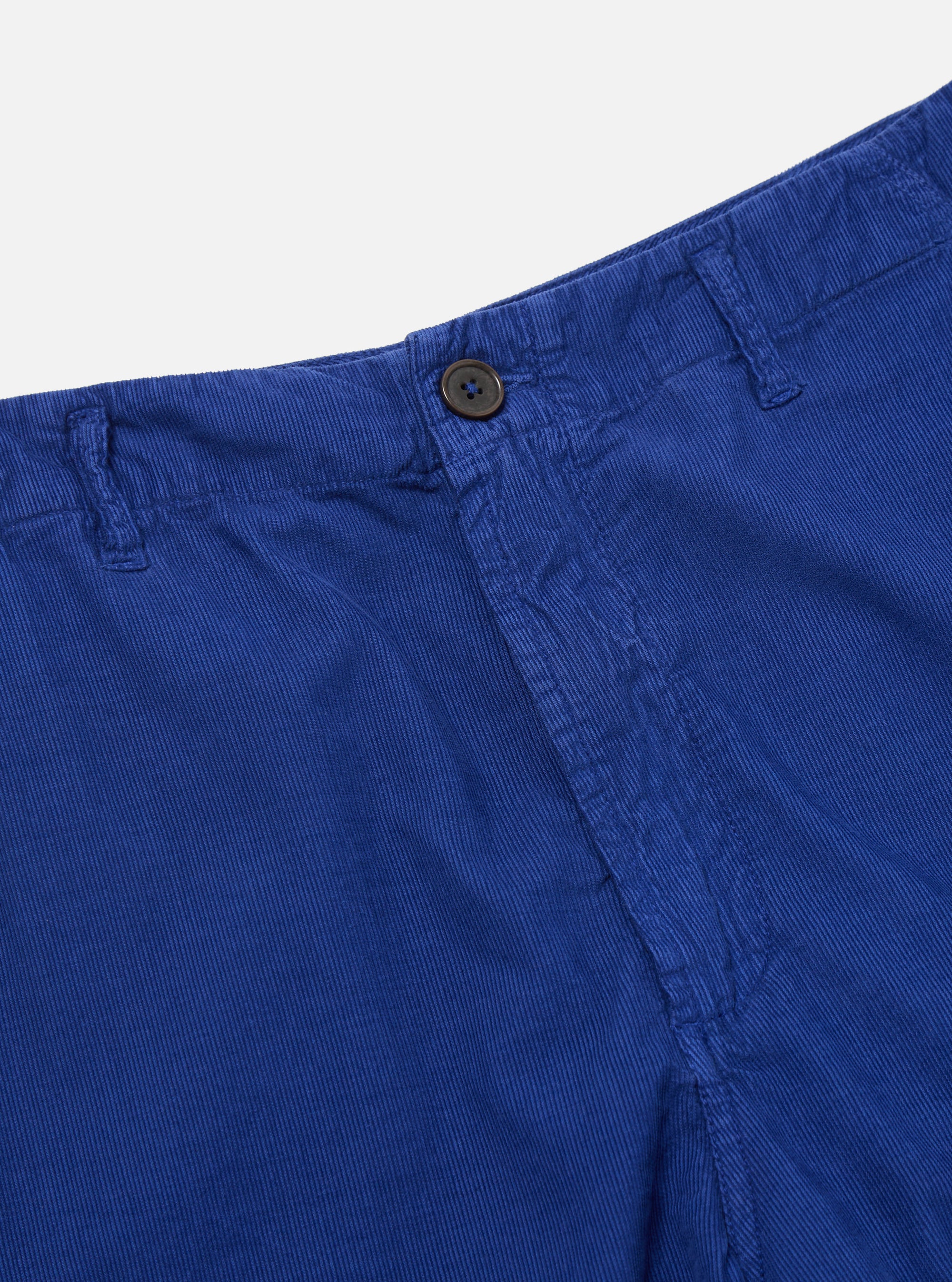 Close-up of the Work Blue Summer Cord Alva Short on a white background. Shows the blue corduroy material and button closure.