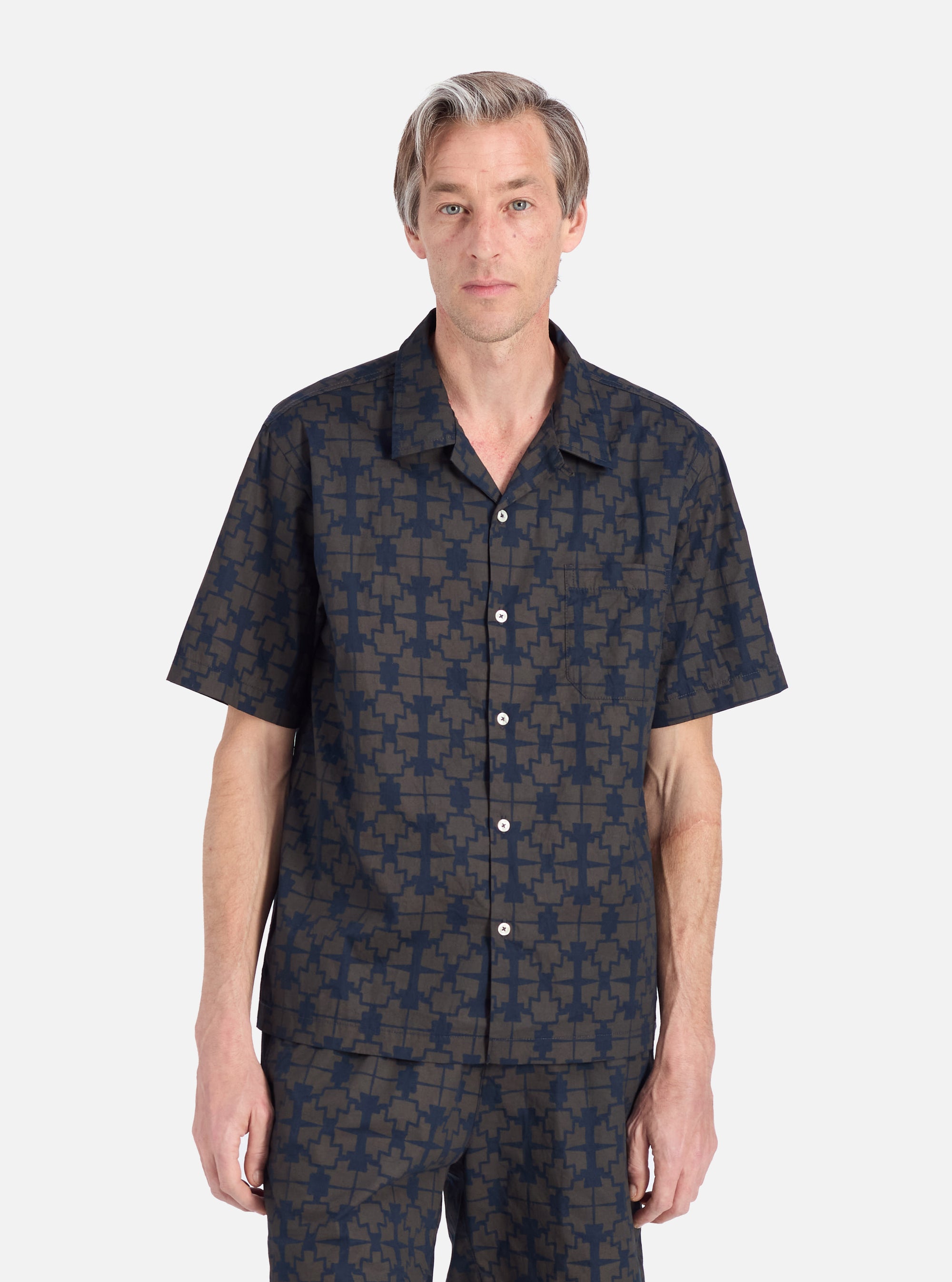 Navy Mitla Print Cotton Road Shirt