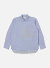 The Mixed Blue Mixed Classics Patched Lazy Day Shirt is displayed on a white background. The shirt is blue with grey patches and long sleeves.
