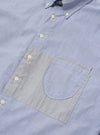 Close-up of the Mixed Blue Mixed Classics Patched Lazy Day Shirt. Features a blue and grey patched design with white buttons. The shirt is neatly laid out on a flat surface.