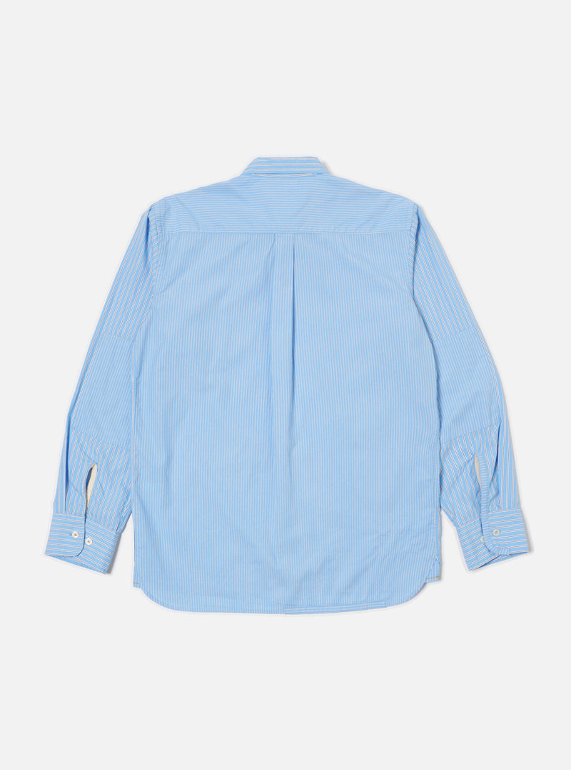The Blue Vila Stripes Patched Shirt, a light blue and white striped long-sleeve shirt, is laid flat on a white background. The back of the shirt is visible.