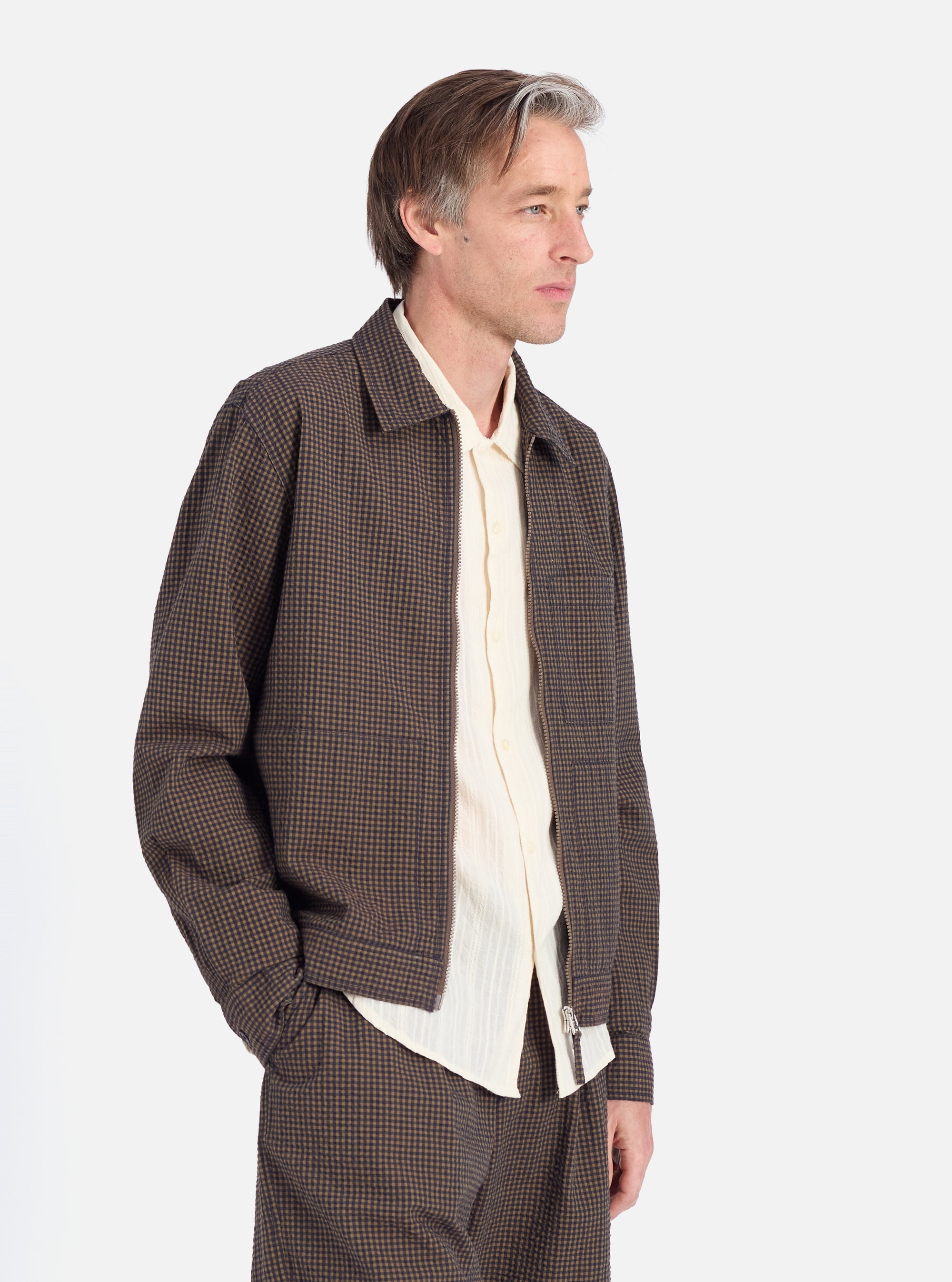 Navy Japanese Seersucker Zip Uniform Jacket