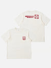 Two Ecru/Red Single Jersey Print Pocket Tee shirts on a white background. The front of one shirt is visible, with a pocket and red print. The back of the other shirt shows a larger red print.
