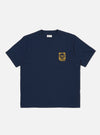 Close-up of the Navy/Yellow Single Jersey Print Pocket Tee on a white background. The tee is navy with a yellow print on the pocket. The shirt is made of single jersey material.