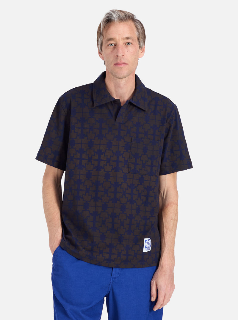Navy/Brown Mitla Print Jersey Newlyn Polo