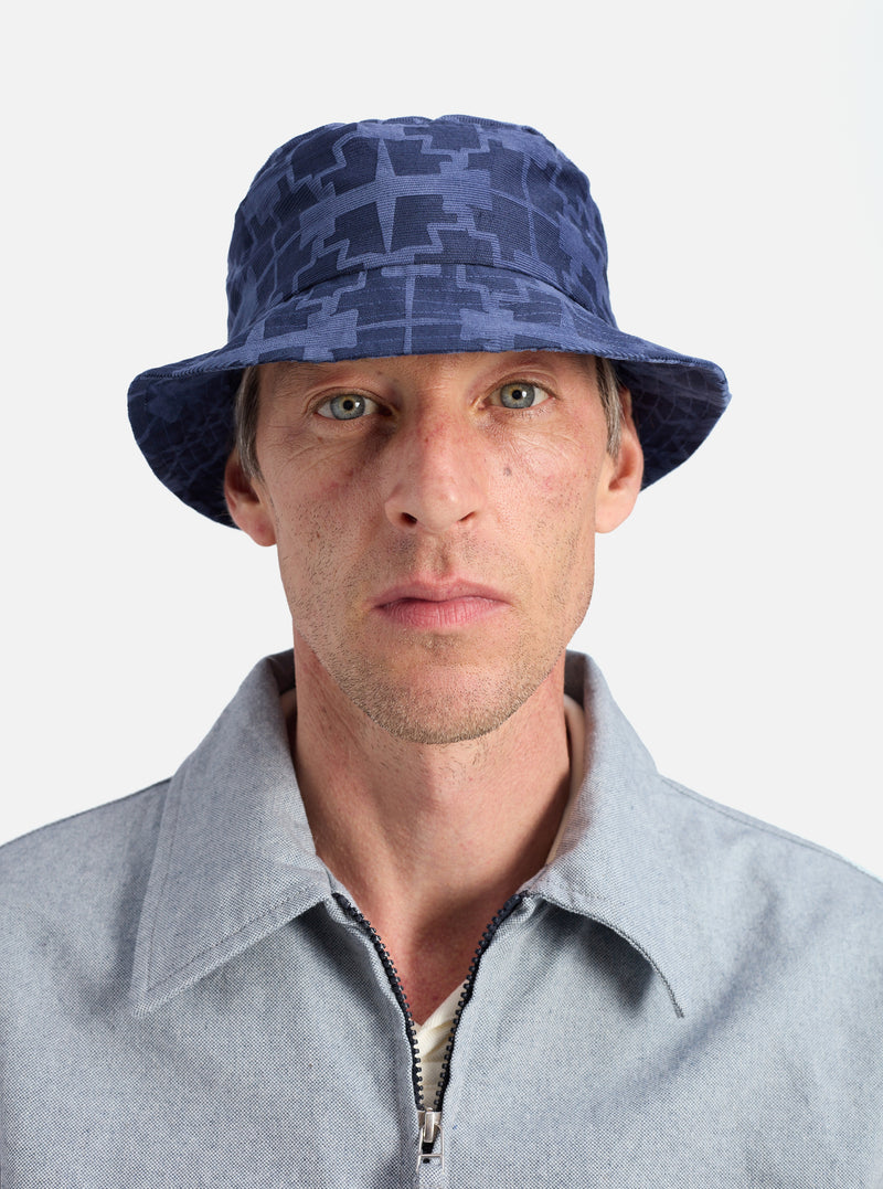 Navy Mitla Print Cord Beach Hat