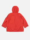 Back view of the Orange British Wax Cotton Boston Parka on a white background. The parka is a vibrant orange, featuring a hood and buttoned sleeves.