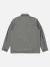 Back view of the Charcoal Organic Chambray Parachute Field Jacket on a white background. The jacket is charcoal gray and made of chambray fabric. It has long sleeves and a button-down front.