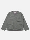 The Charcoal Organic Chambray Parachute Liner Jacket in charcoal gray, laid flat on a white background. The jacket has a zip front and four pockets.