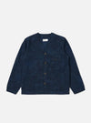 The Black/Indigo Denim Camo Cabin Jacket is displayed on a white background. The jacket has a button-up front, a pocket on the right breast, and long sleeves.