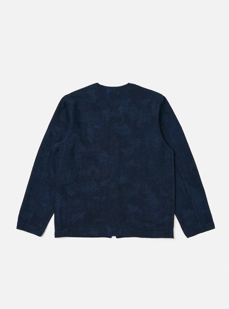 Back view of the Black/Indigo Denim Camo Cabin Jacket on a white background. The jacket features a subtle camo pattern in dark blue denim.