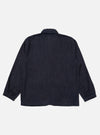 Back view of the Indigo Brushed Denim Labour Jacket on a white background. The jacket is a dark indigo color and has long sleeves with elasticated cuffs.