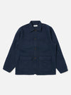 Dark Navy Patchwork Weave Cotton Labour Jacket on a white background. The jacket has four pockets and brown buttons.