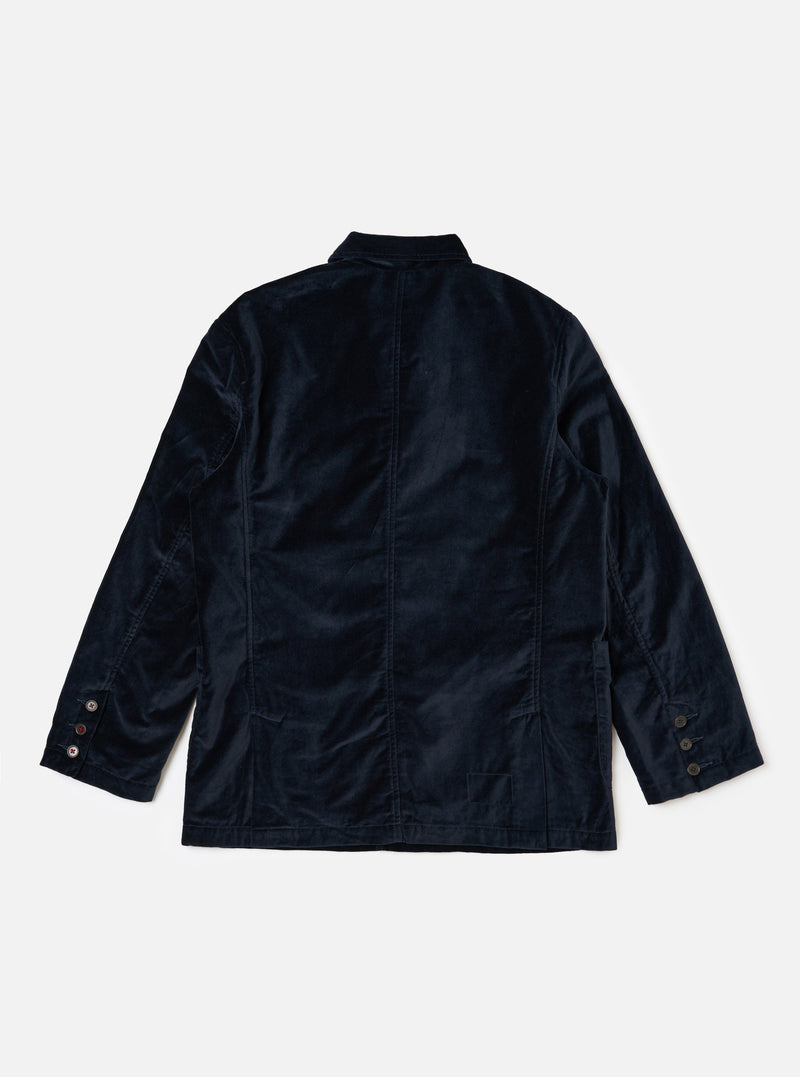 Back view of the Navy Velveteen Manor Jacket on a white background. The jacket is a rich navy color and has a classic, tailored fit with buttons on the sleeves.