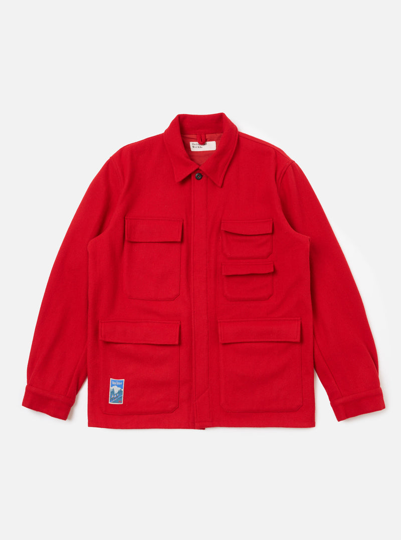 Bright red Embroidered Red Mowbray Military Fatigue Jacket on a white background. The jacket has four front pockets and a small embroidered patch on the lower left.