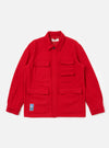 Bright red Embroidered Red Mowbray Military Fatigue Jacket on a white background. The jacket has four front pockets and a small embroidered patch on the lower left.