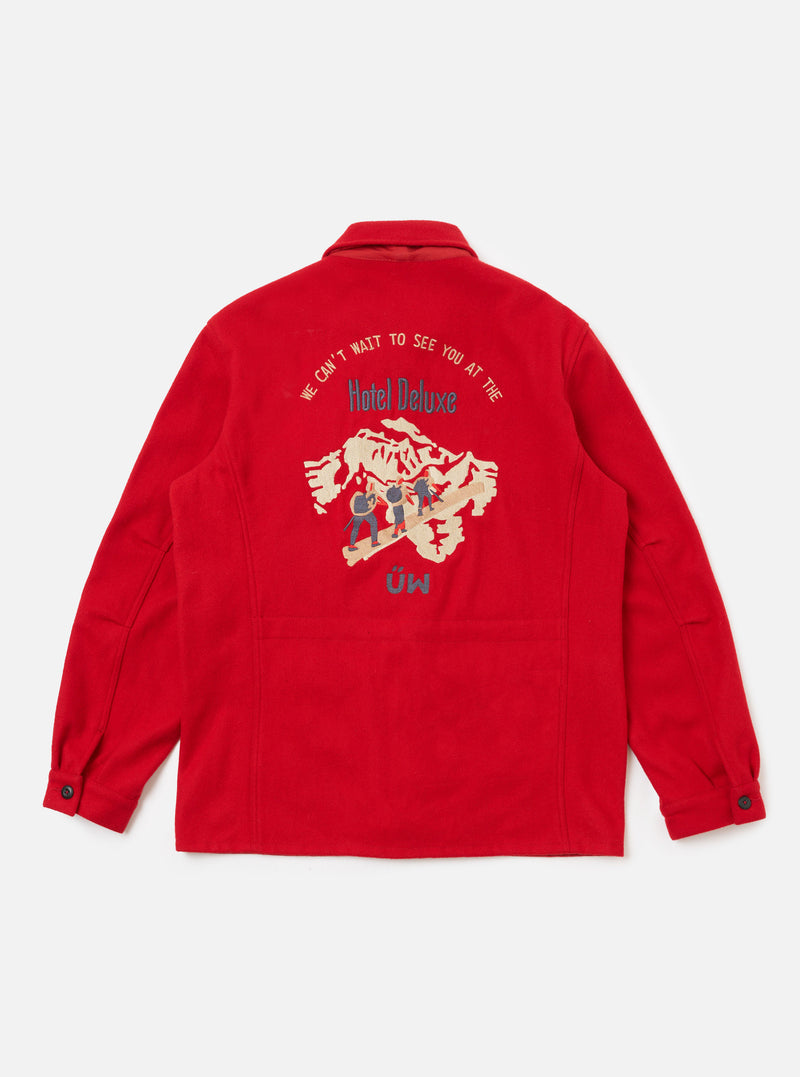 Back view of the Embroidered Red Mowbray Military Fatigue Jacket on a white background. The jacket features an embroidered design with "Hotel Deluxe" text.