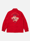 Back view of the Embroidered Red Mowbray Military Fatigue Jacket on a white background. The jacket features an embroidered design with "Hotel Deluxe" text.