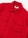 Close-up of the bright red Embroidered Red Mowbray Military Fatigue Jacket on a white background. The jacket features a collared neck, button closure, and multiple pockets.