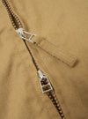 Close-up of the Khaki Works Twill Rose Bowl Jacket, showcasing the zipper detail. The jacket is made of khaki twill fabric. The background is a plain white surface.