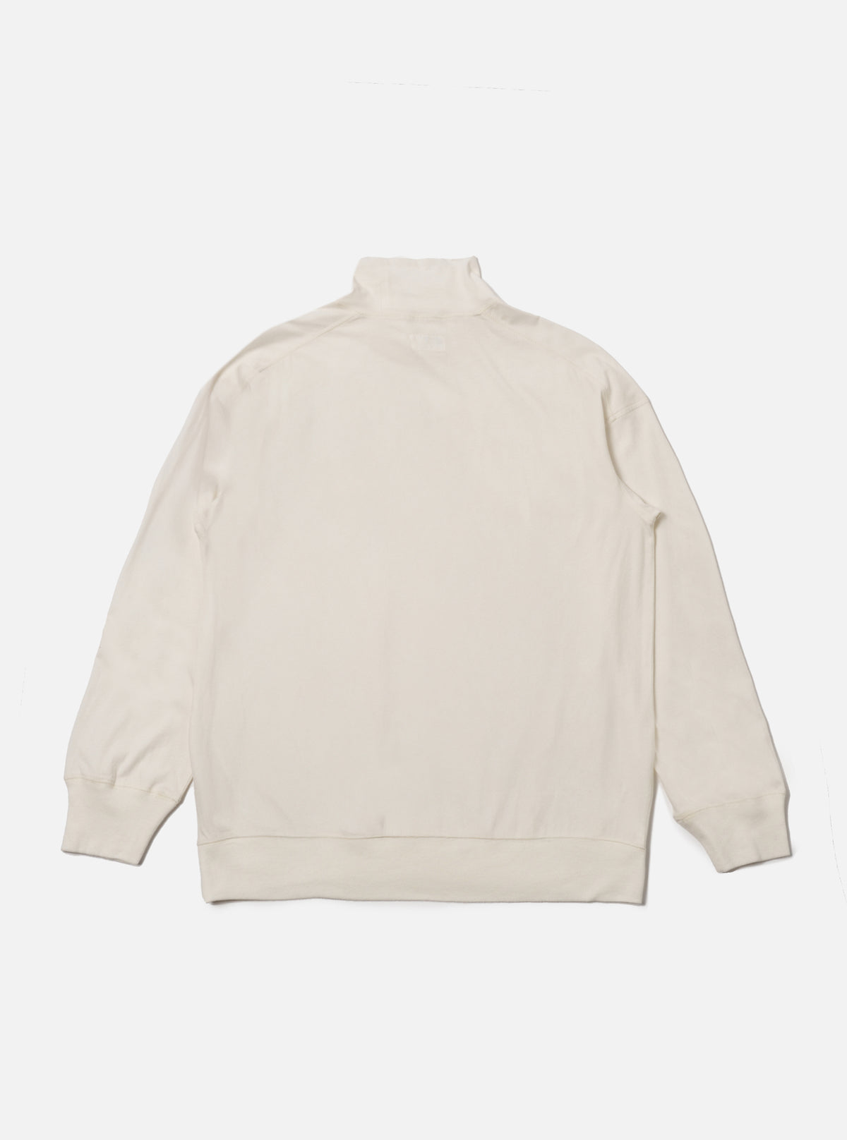 The Ecru Single Jersey Funnel Neck Tee is displayed on a white background. The tee is a light, creamy color and has a relaxed fit. The funnel neck is visible. 