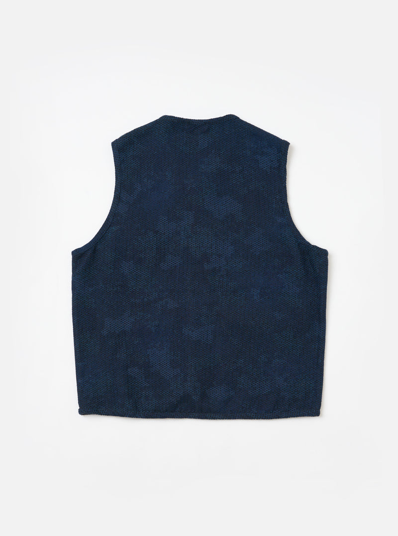 The back of a Black/Indigo Denim Camo 4 Pocket Gilet laid flat on a white background. The gilet features a subtle camo pattern in dark blue denim.