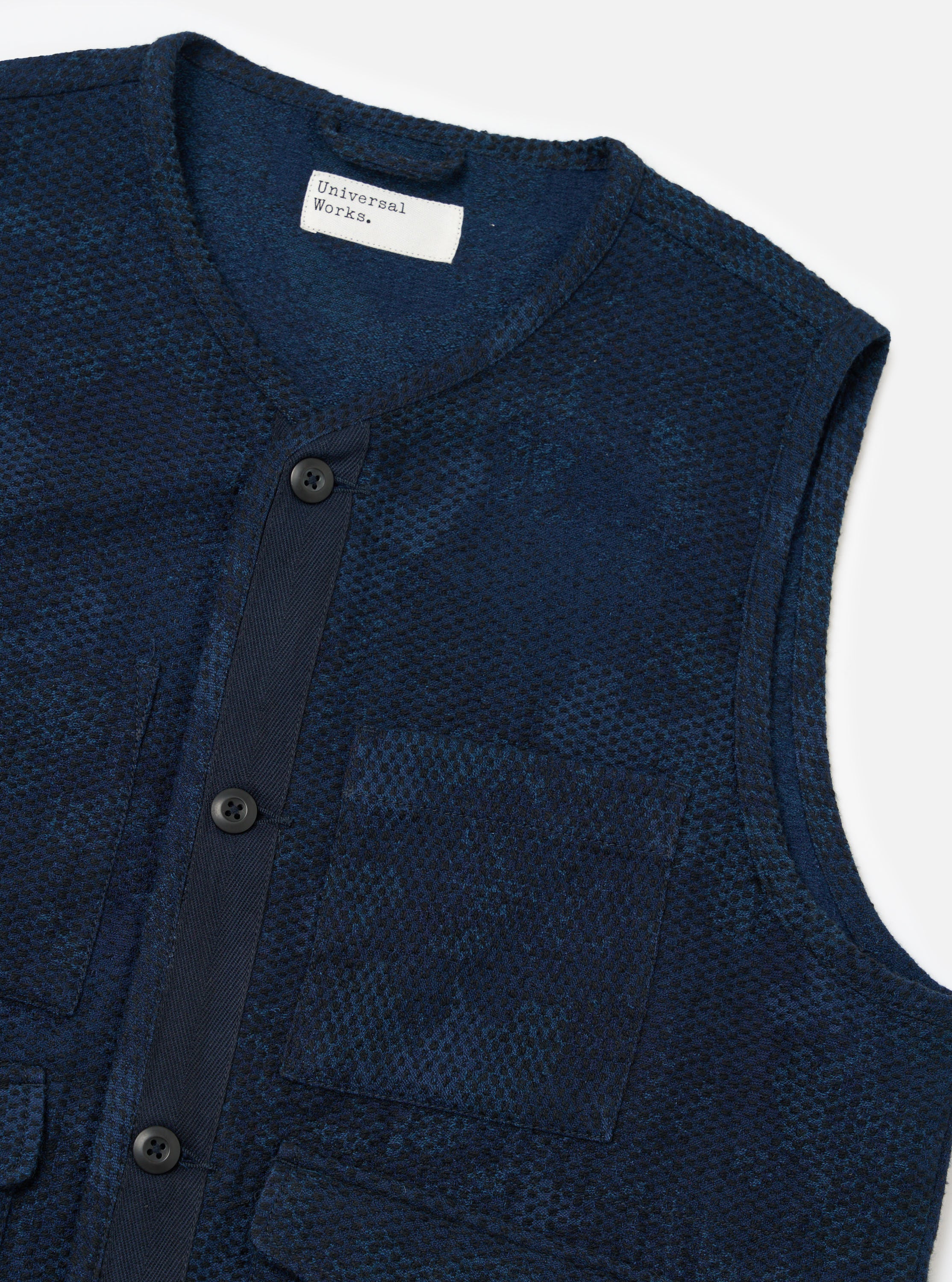 Men's Black/Indigo Denim Camo 4 Pocket Gilet – Universal Works