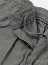 Close-up of the Charcoal Organic Chambray Oxford Pant, showcasing the organic chambray material, elastic waistband with drawstring, and button closure on a white background.