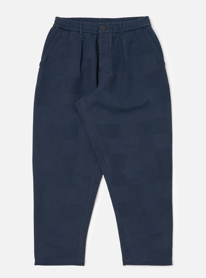 Dark Navy Patchwork Weave Cotton Pleated Track Pant