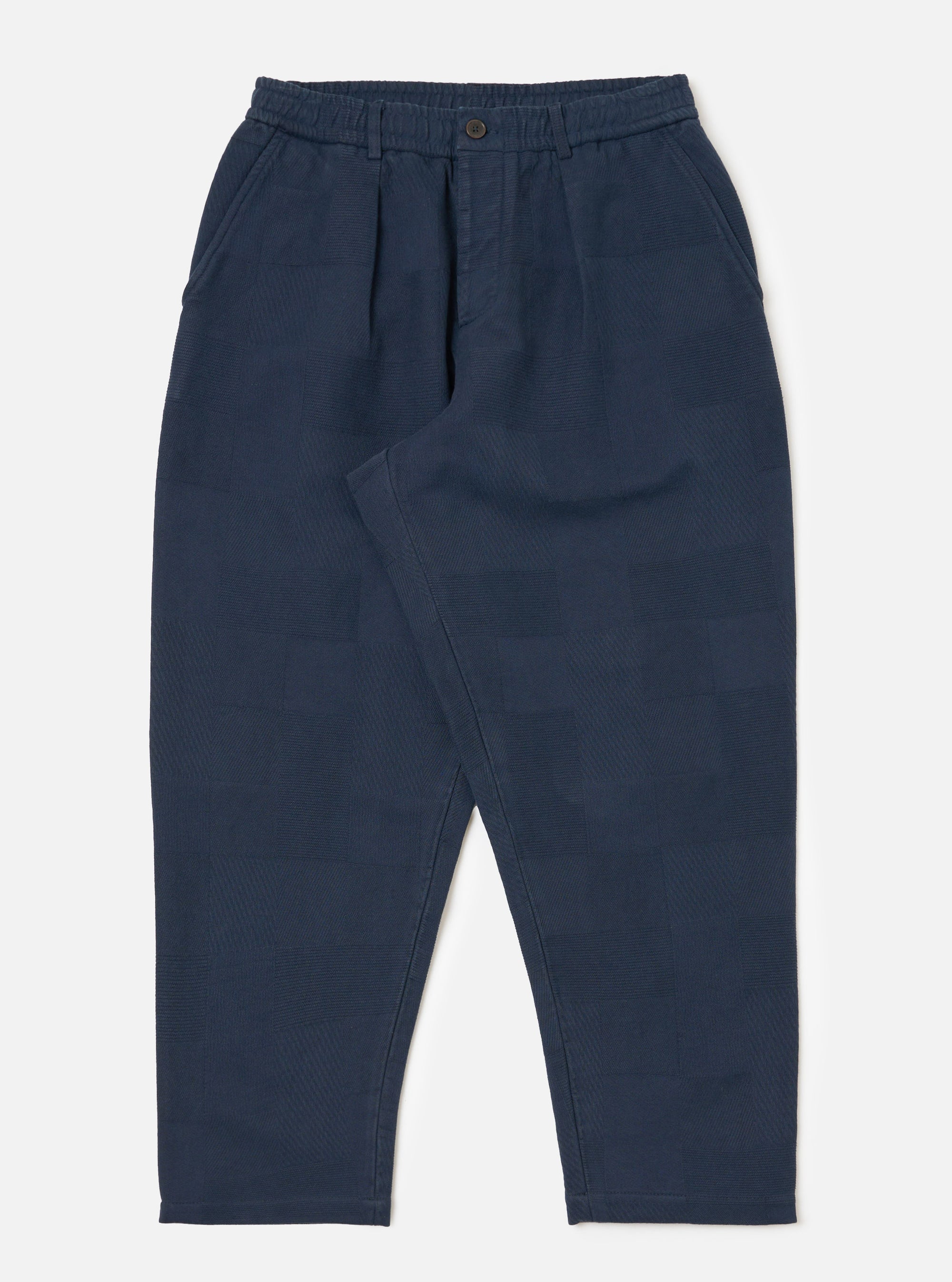 Dark Navy Patchwork Weave Cotton Pleated Track Pant