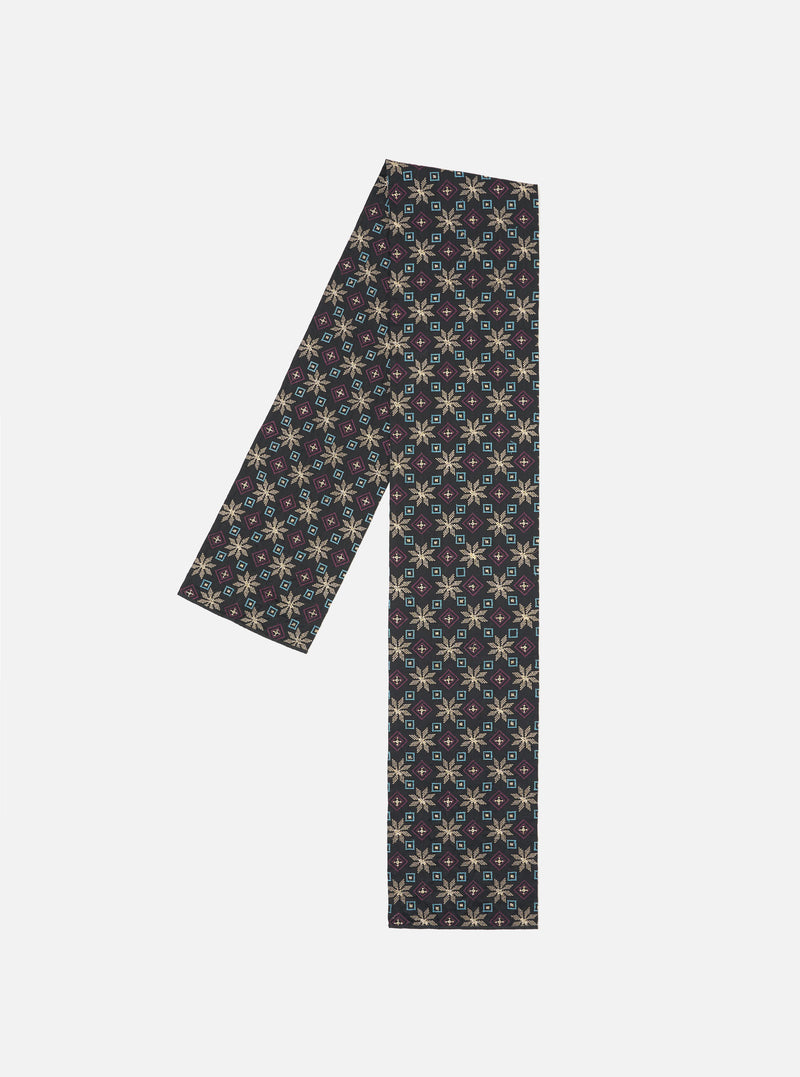 Close-up of a Black Embroidery Cotton Satin Embroidery Scarf on a white background. The scarf features a floral pattern in gold, blue and purple.