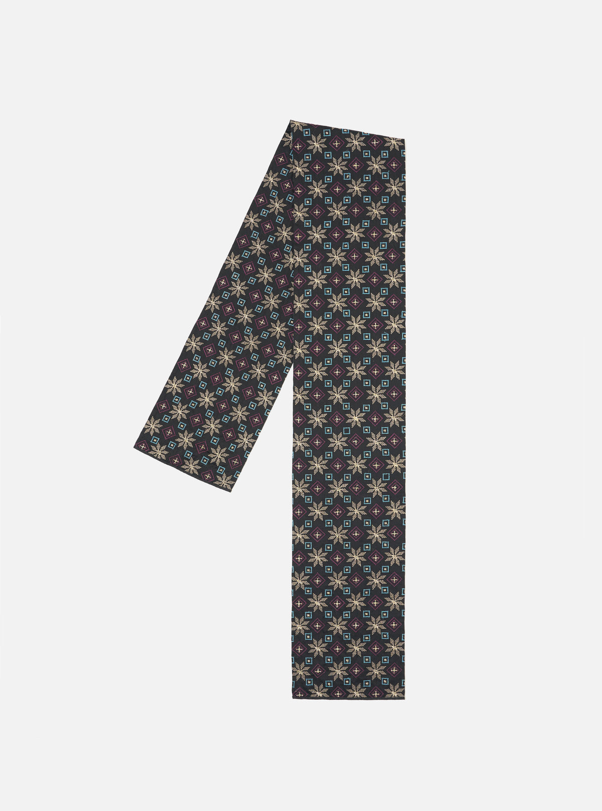 Close-up of a Black Embroidery Cotton Satin Embroidery Scarf on a white background. The scarf features a floral pattern in gold, blue and purple.