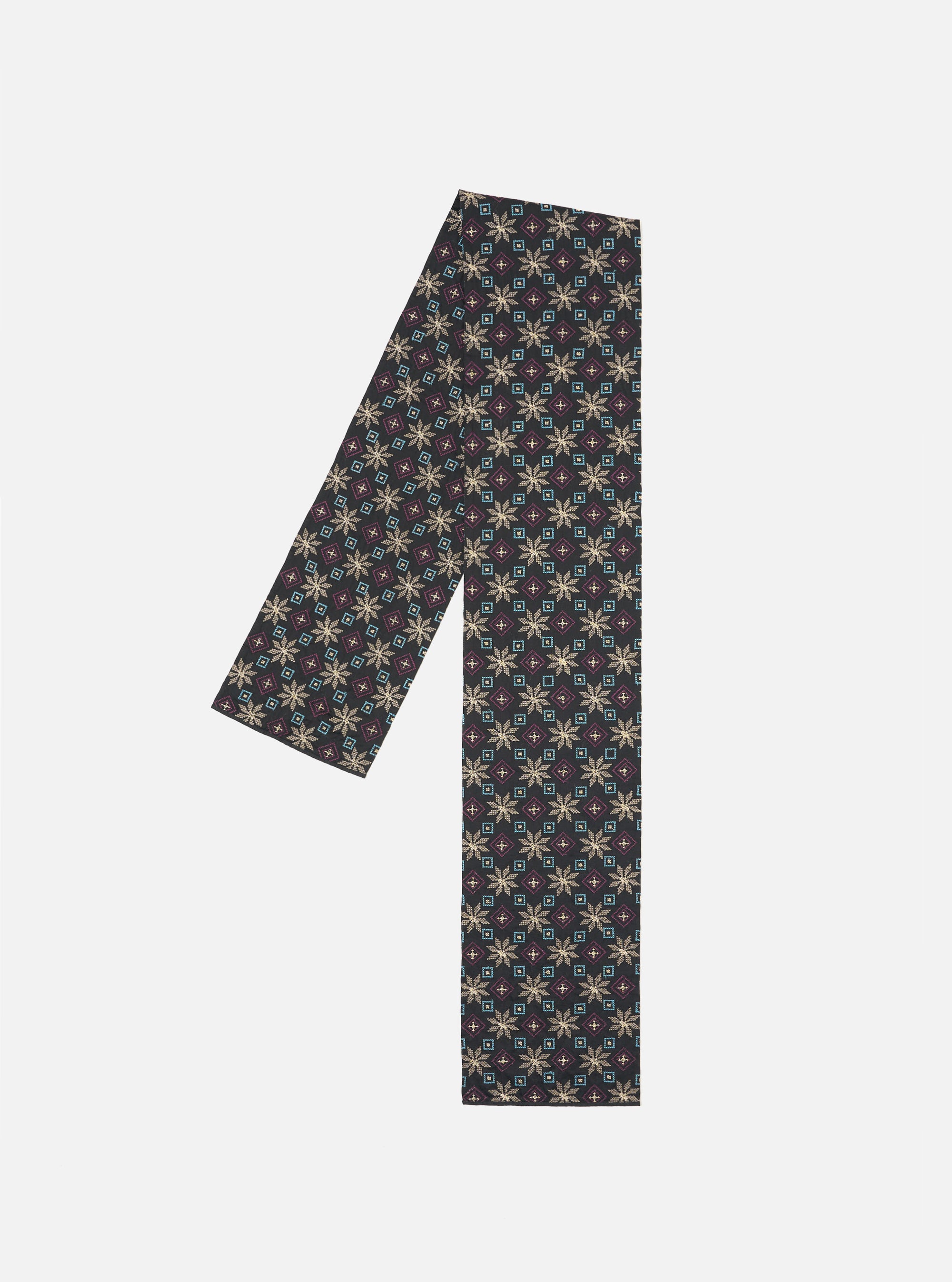 Close-up of a Black Embroidery Cotton Satin Embroidery Scarf on a white background. The scarf features a floral pattern in gold, blue and purple.