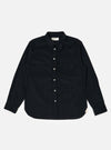 The Black Organic Fine Cord Daybrook Shirt is laid flat on a white background. The shirt is a dark color with long sleeves and a button-up front.