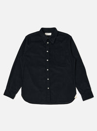 The Black Organic Fine Cord Daybrook Shirt is laid flat on a white background. The shirt is a dark color with long sleeves and a button-up front.